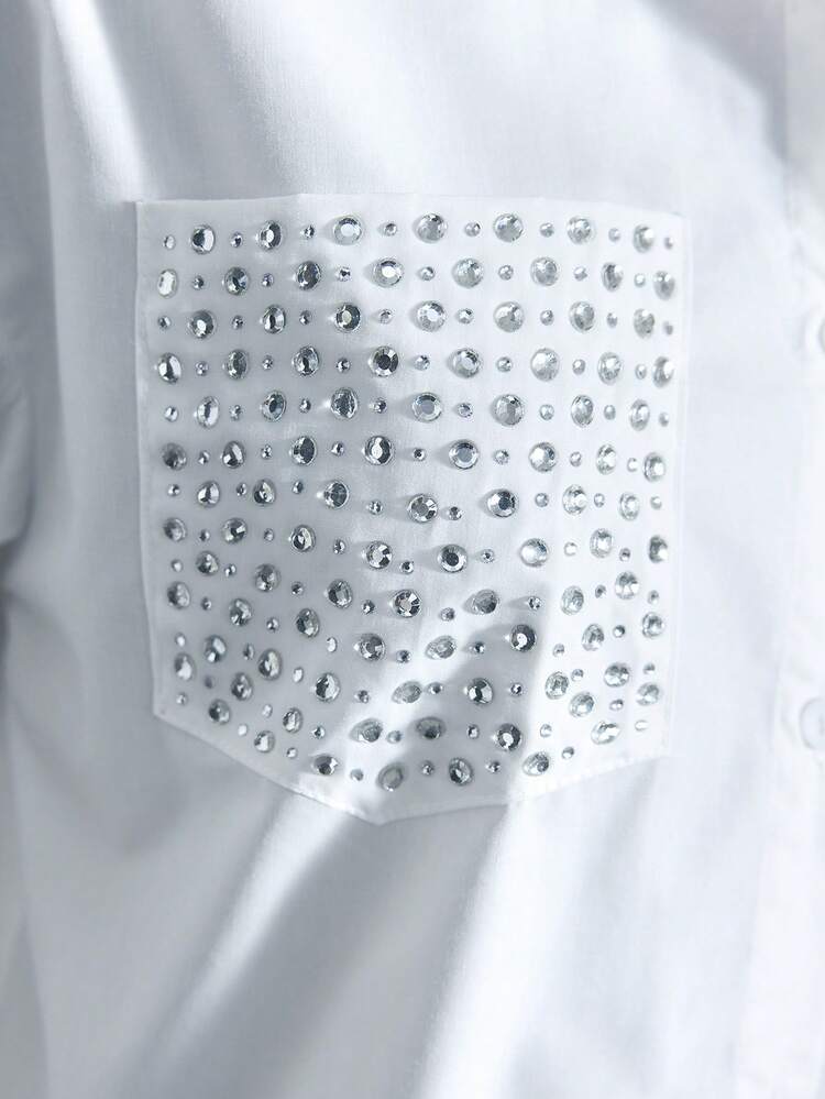 SHEIN Maija Women's Spring/Summer Rhinestone Decor Stylish Urban Fashion Turndown Collar Front Open Long Sleeve Short Fashionable Blouse, Music Festival Women Party Top Beach Summer Holiday Beach Vacation Summer Going Out Graduation Casual Blouses For Women Casual Blouse For Women Dress Shirt  Y2k White Tops