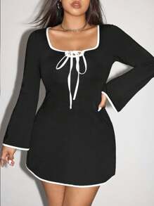 SHEIN ICON Plus Size Long Sleeve Fitted Color Block Flare Dress
