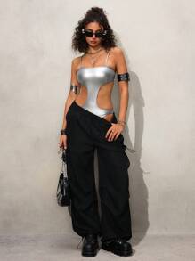SHEIN Fashionable Silver Hollow-Out Backless Slim-Fit Jumpsuit - Silver - View 3