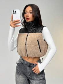 SHEIN EZwear Women's PU Splicing Teddy Fleece Reversible Sleeveless Vest With Pockets, For Autumn/Winter
