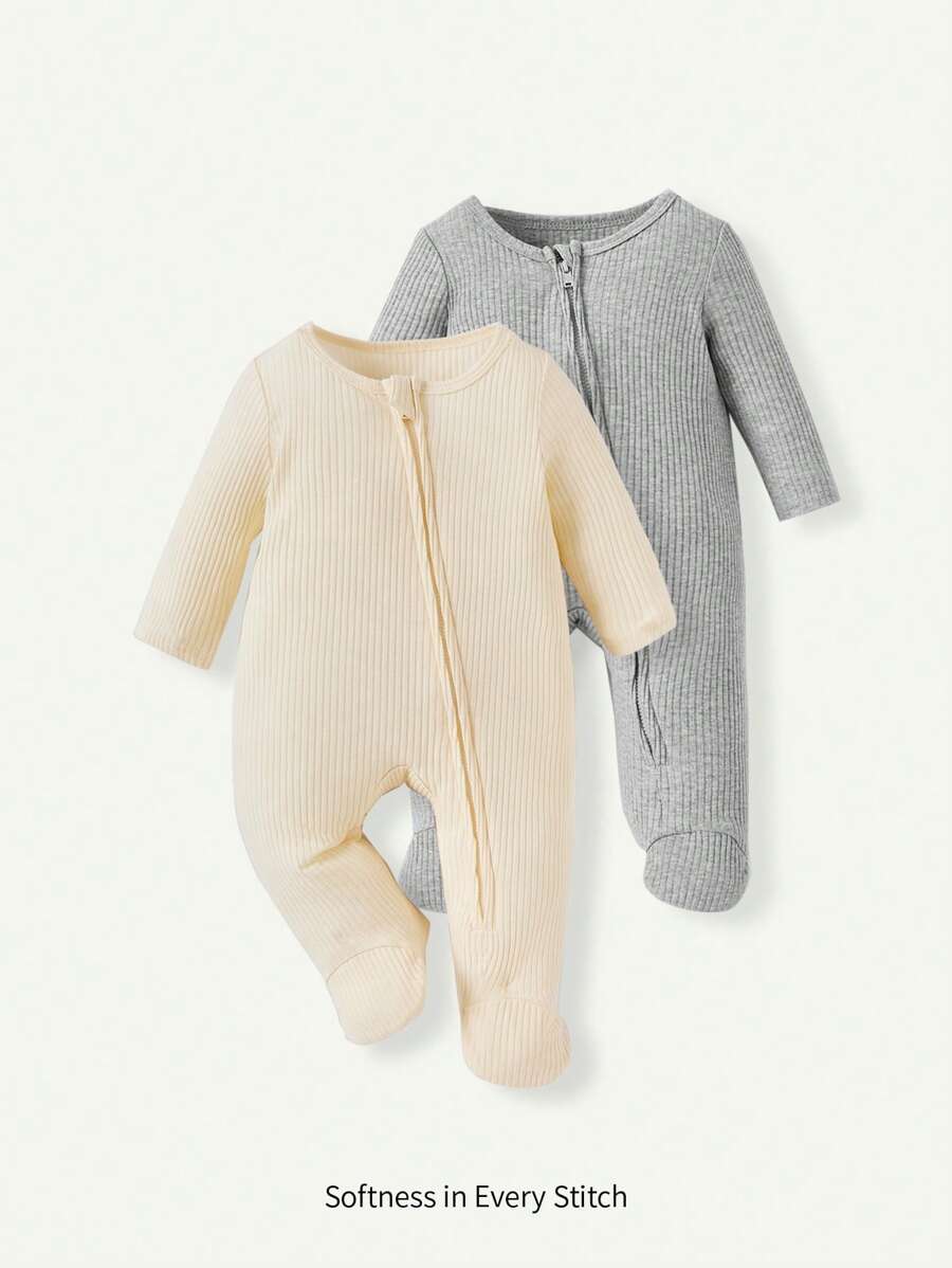 Cozy Pixies 2pcs/Set Baby Girl Solid Color Crew Neck Long Sleeve Footie Jumpsuit - Grey - View 1