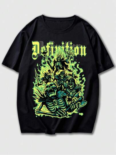 Grunge Punk Men Skeleton Graphic Tee For Halloween, School