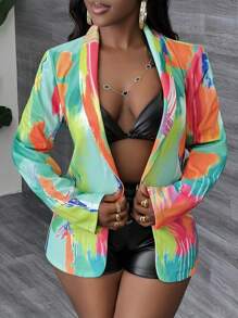 Slaydiva Giacca blazer elegante da donna a maniche lunghe con stampa di pennellate colorate, adatta per l'abbigliamento da pendolarismo - Multicolore - Visualizzare 3