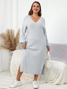 SHEIN Essnce Robe mi-longue ample et confortable en tissu brossé, col V, manches longues, gris, pour femmes. Vêtements d'automne pour femmes, tenues pour l'aéroport, "Old Money", bal de promo, pour femmes rondes - Gris - Voir 5