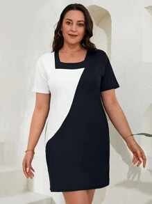 RueChic Plus Two Tone Square Neck Dress - Black and White - View 5