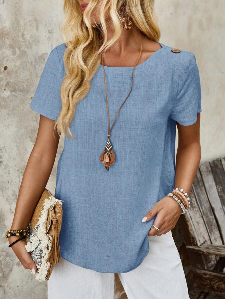 Country Resort Style Button-Down Linen Khaki Short Sleeve Blouse For Women - Dusty Blue - View 1
