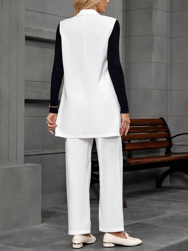 Women Spring & Autumn Plain Lapel Collar Sleeveless Blazer & Pants Elegant 2-Piece Set