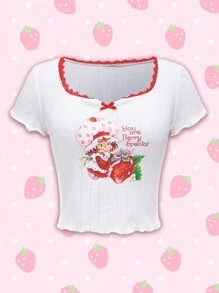 Strawberry Shortcake X SHEIN Women's Summer Cute Lettuce Edge Contrast Color Lace Cartoon Character Strawberry Print T-Shirt Bow Fitted Cropped T-Shirt Top Square Collar Embroidered Mesh White Graphic T-Shirt