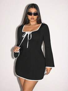 SHEIN ICON Plus Size Long Sleeve Fitted Color Block Flare Dress