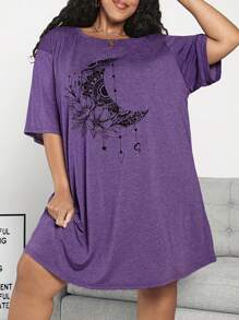SHEIN CURVE+ Camiseta de talla grande con estampado floral y de luna para festivales de música de verano - Morado - Ver 1