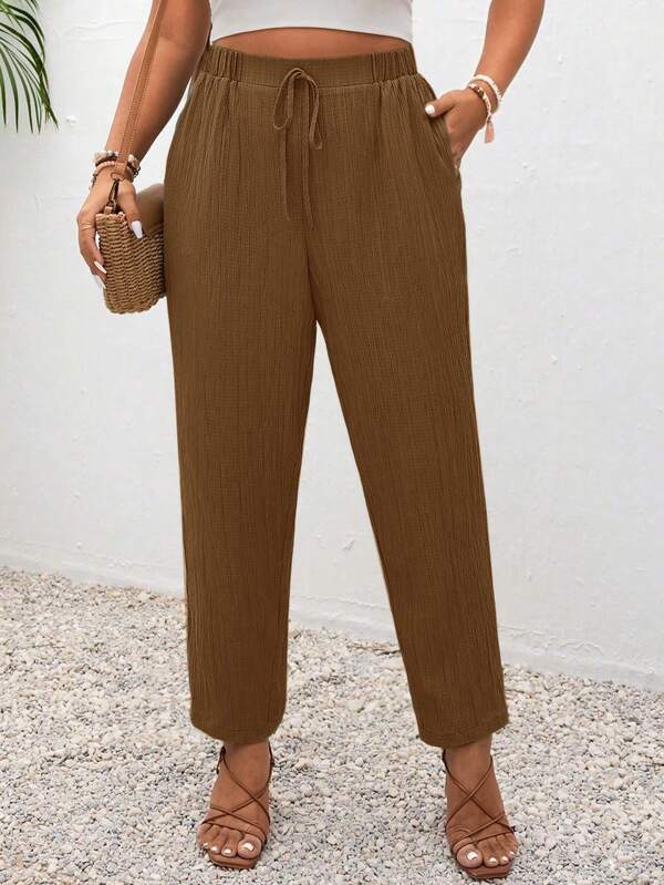 SHEIN Frenchy Plus Size Vacation Solid Color Knotted Casual Pants With Pockets