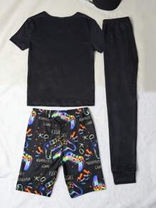 2pcs/Set Tween Boys Minimalist Glow-In-The-Dark Print Snug Fit Pajama Set (Short Sleeve Top & Shorts) - Black - View 2