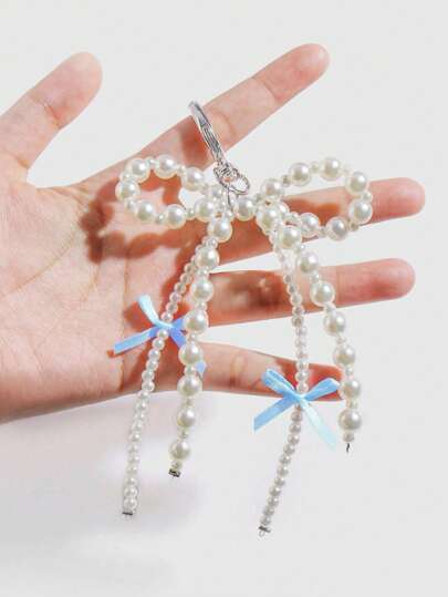 Kawaii 1pc Korean Style Simple Sweet Cool Faux Pearl Bead & 2pcs Blue Ribbon Bow Pendants Keychain Key Ring Bag Charm Valentines