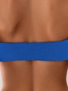 SHEIN Swim 女士金色花卉装饰简约日常抹胸上衣和下装比基尼套装，夏季泳衣 - 藍色 - 查看 3