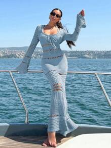 RueChic Women Hollow-Up Detailed V-Neck Crochet Cover Up Dress, For Summer Beach Vacation - Baby Blue - View 6