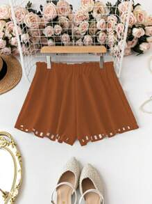 SHEIN LUNE Quần short thường ngày có dây rút eo viền bèo màu nâu trơn cỡ lớn dành cho nữ - màu nâu - Xem 2