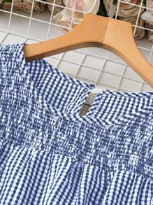 DreamSkyne Plus Size Women's Checkered Round Neck Ruffle Short Sleeve Loose Shirt, Summer - Blue - View 4