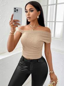 SOLERSUN Solid Asymmetrical Neck Ruched Top - Apricot - View 7