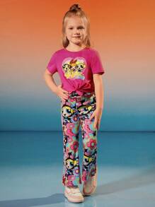 THE POWERPUFF GIRLS X SHEIN 2pcs Young Girl Cartoon Print Knot Hem Short Sleeve T-Shirt And Flare Leg Pants Outfit