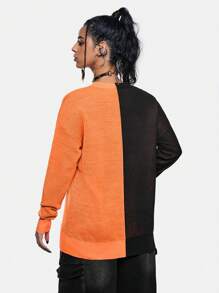 Sonchs Curiosities Artist Women's Pumpkin Pattern Drop Shoulder Crew Neck Long Sleeve Sweater Top, For Holiday, Vacation, Going Out, Festival, Ibiza Fits - Orange - View 4