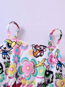 THE POWERPUFF GIRLS X SHEIN 女婴彩色花卉和蝴蝶卡通印花吊带裙，夏季 - 彩色 - 查看 4