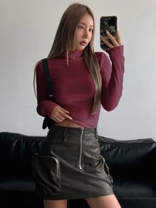 DAZY Camiseta de manga larga de cuello alto minimalista de unicolor casual para mujer