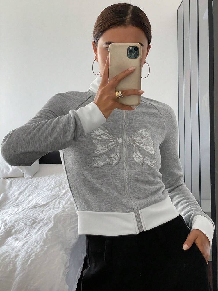 Women's Long Sleeve Sweatshirt With Collared Bowknot Decor Jacket Zip Up