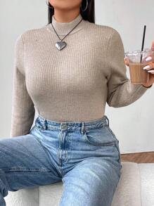 Flirla Plus Size Solid Stand Collar Casual Long Sleeve Sweater, Autumn/Winter