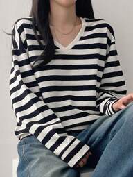 DAZY Women's Striped V-Neck Long Sleeve Loose Sweatshirt,Fall Clothes