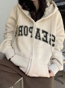DAZY 女士宽松字母印花保暖内衬卫衣，秋季长袖连帽衫，保暖内衬拉链外套，冬季 - 杏色 - 查看 4