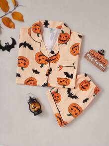 Halloween Pumpkin & Bat Print Collared Short Sleeve Pajama Set - Multicolor - View 4