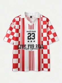 ROMWE MEN Street Life Men's Casual Chess Grid & Letter Print Polo Shirt, Summer, School - Red - View 1