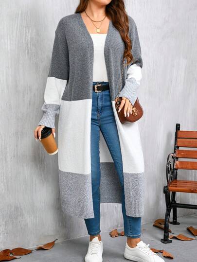 SHEIN Cárdigan informal de manga larga de color contrastante para mujer talla grande, para invierno