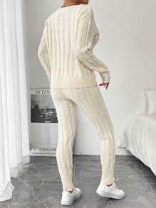 Chiquease 2 件套时尚修身纯色扭纹针织女式毛衣 - 杏色 - 查看 2