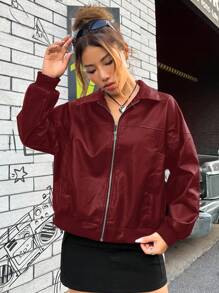 Chaqueta negra con cremallera y hombros caídos - Burdeos - Ver 5