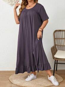 Mulvari Großgrößenkleid mit Rundhalsausschnitt, kurzen Ärmeln, Raffungen und lässigem, elegantem Stil, Maxikleid für Damen - Grauviolett - Übersicht 5