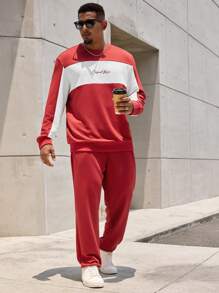 Manfinity Homme 2 件套男士大码春秋撞色字母印花圆领运动衫和裤子休闲套装