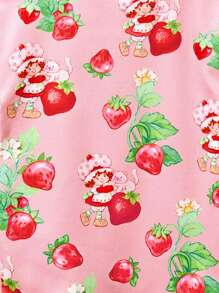 Strawberry Shortcake X SHEIN 年轻女孩可爱粉色短袖草莓图案针织短袖上衣和短裤贴身睡衣休闲套装适合日常穿着，女学生 - 藕粉色 - 查看 4