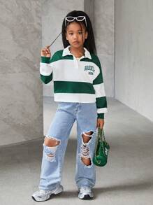 SHEIN NovaGlow Tween Girl Tween Girl Loose Casual Color Block Shirt Collar Letter Print Sweatshirt,In Fall/Winter