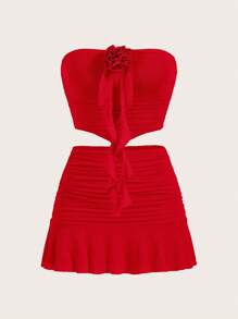 SHEIN EZwear 2 件套：纯色花卉装饰不对称下摆抹胸上衣和荷叶边下摆迷你裙性感套装 - 紅色 - 查看 3