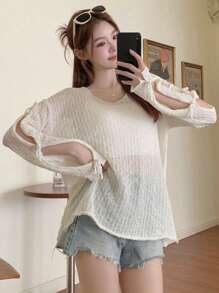 DAZY Áo len dài tay cổ chữ V dáng rộng màu trơn có nơ cho nữ, quần áo thu - trắng - Xem 4