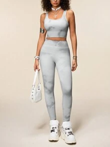 Easithlete 女士扎染无袖上衣和紧身裤无缝运动套装 - 灰色 - 查看 3