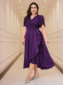 Modelyn Plus Size Elegant Solid Color Petal Sleeve Wrap Dress Long Evening Dresses - Purple - View 7