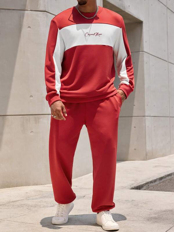 Manfinity Homme 2 pièces Ensemble décontracté homme grande taille printemps et automne avec pull à col rond imprimé lettrage contrasté et pantalon
