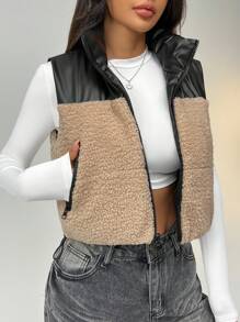 SHEIN EZwear Women's PU Splicing Teddy Fleece Reversible Sleeveless Vest With Pockets, For Autumn/Winter