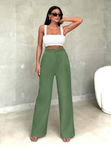 SHEIN Women's Casual Pants With Solid Color Drawstring Waist And Loose Fit With Slant Pockets