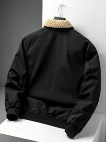 Manfinity Homme Men's Fluffy Patchwork Zipper Pocket Long Sleeve Casual Padded Coat, Going Out Warm Korean Fashion Winter Coat, For Friends, Husband, Boyfriend Gifts - Black - View 2