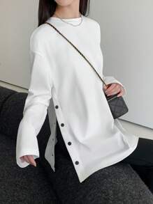 EastFlair Women's Casual Plain Side Button T-Shirt, Spring And Autumn