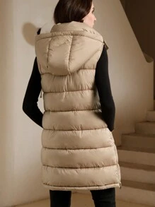 Anewsta Women Sleeveless Button Design Fashion Removable Hooded Side Slit Apricot Vest - Brown - View 3