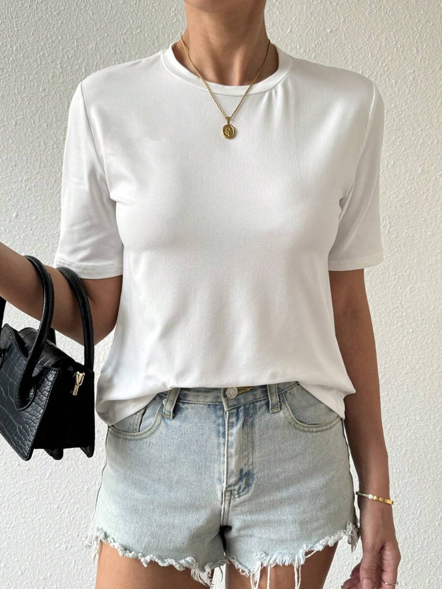 Calvaya Women Solid Color Simple Daily T-Shirt - White - View 1